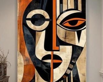 Black, White and Orange African Mask Canvas: Modern Afrocentric Wall Art