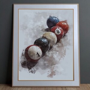 Puede incluir: Una pintura de acuarela de ocho bolas de billar alineadas en una fila. Las bolas están numeradas 1 y 8, y son rojas, blancas y negras.