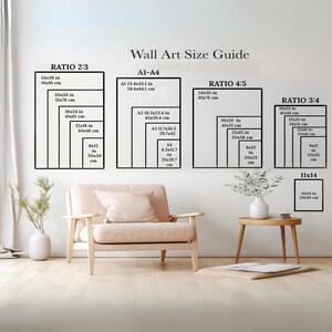 Puede incluir: Una gu&iacute;a de tama&ntilde;os para arte de pared con diferentes proporciones y tama&ntilde;os en pulgadas y cent&iacute;metros. La gu&iacute;a incluye las proporciones 2:3, 4:5 y 3:4. Los tama&ntilde;os var&iacute;an de 8x10 pulgadas a 24x36 pulgadas.