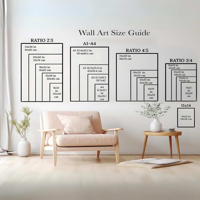 Puede incluir: Una gu&iacute;a de tama&ntilde;os para arte de pared con diferentes proporciones y tama&ntilde;os en pulgadas y cent&iacute;metros. La gu&iacute;a incluye las proporciones 2:3, 4:5 y 3:4. Los tama&ntilde;os var&iacute;an de 8x10 pulgadas a 24x36 pulgadas.