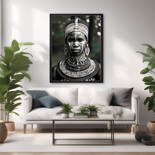 Black Woman Art - Lady Art | African Artwork Print - Museum Poster | Black and White Wall Art , Tribal Art
