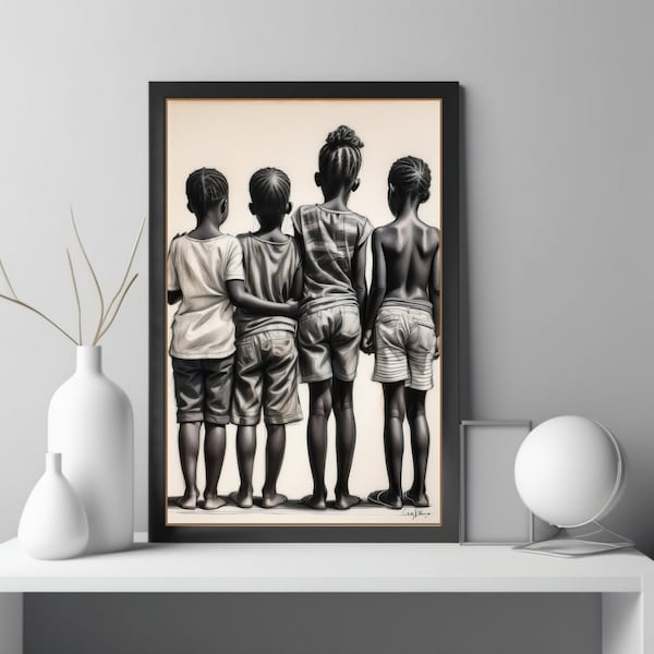 Kids Children Art - Black Kids Pencil Drawing | Africa America Kid Art - Africa Art - Digital Download - Home Decor Wall Art