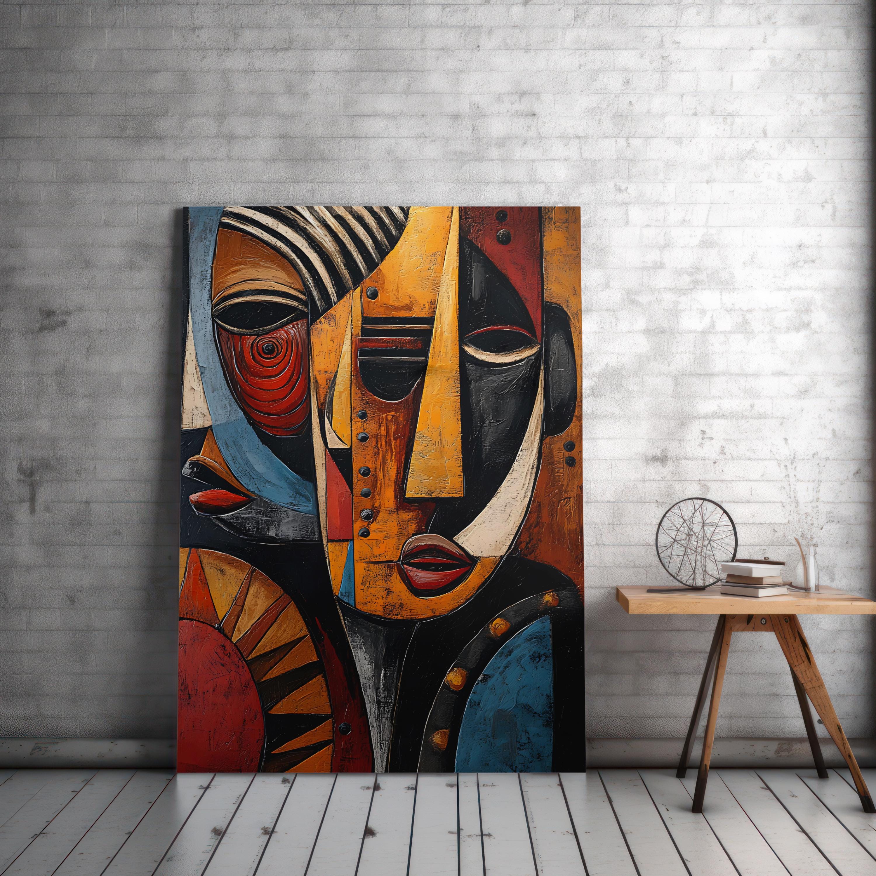 African Mask Wall Art Canvas, Afrocentric Cultural Home Decor