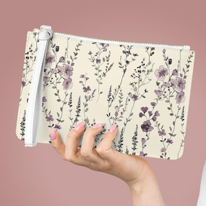 Floral Clutch Purse Purple Flower Bag Wildflower Handbag Lavender Purse Gold Zipper Wristlet Faux Leather Travel Makeup Pouch Evening Bag