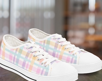 Pastel Plaid Sneaker Canvas Shoes Cute Low Tops Casual Wear Trendy Footwear Womens Stylish Kicks Birthday Gift Mom Comfortable Walking