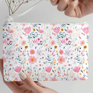 Floral Wristlet Clutch Purse Organizer Makeup Pouch Gift Set Evening Bag Zipper Detail Gold Accent Pink Flower Design Hand Bag Cute Gift