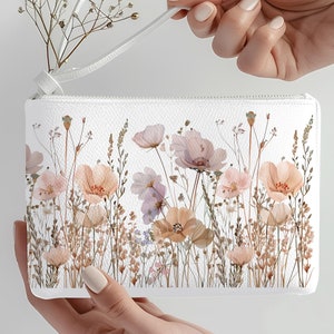 Floral Clutch Purse Flower Bag Wildflower Handbag Lavender Purse Gold Zipper Wristlet Faux Leather Travel Makeup Pouch Evening Bag Gift