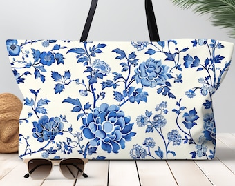 Tote Bag Blue Floral Toile Elegant Bridesmaid Bag Large Tote Bag Gift Weekender Travel Bag Boho Toile Shoulder Bag Gift Oversized Tote Bag