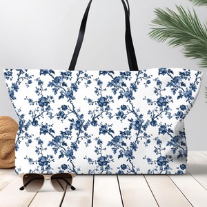 Blue Floral Toile Weekender Tote Bag Large Travel Bag Mom Gift Oversized Boho Beach Bag Satchel Bag Beach Tote Bag Weekender Bag Cruise Gift