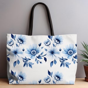 Weekender Tote Bag Blue And White Floral Pattern Shoulder Bag Large Travel Bag Weekend Bag Mama Gift Oversized Beach Bag Gift Satchel Bag