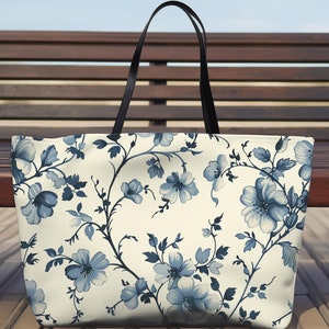 Blue Floral Toile Weekender Tote Bag Travel Carryall Overnight Bag Floral Beach Bag Large Beach Tote Summer Weekend Bag Vacation Cruise Gift