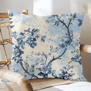 Blue French Toile Square Throw Pillow Housewarming Gift For Mom Cute Flower Couch Pillows Decorative Home Gift For Grandma Throw Pillows