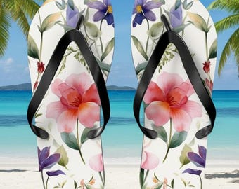 Floral Flip Flop Summer Shoe Pool Sandal Beach Vacation Resort Wear Casual Womens Boho Style Tropical Flower Hibiscus Design Watercolor