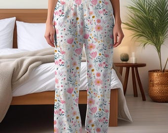 Floral Women's Pajama Pants Cozy Sleepwear, Gift Idea, Relaxation Lounge Pants, Floral Print, Comfortable Nightwear Pink Boho Floral Pajamas
