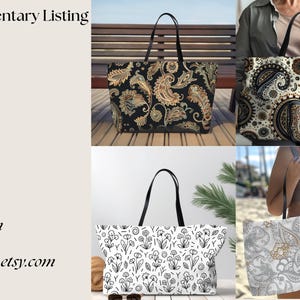 May include: Three tote bags with different paisley patterns. The bags are black with gold paisley, white with black paisley, and beige with brown paisley. The bags are shown on a wooden bench, a beach, and in the hands of a person.