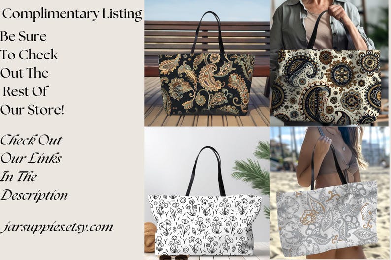 May include: Three tote bags with different paisley patterns. The bags are black with gold paisley, white with black paisley, and beige with brown paisley. The bags are shown on a wooden bench, a beach, and in the hands of a person.
