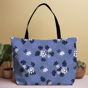 Blue Weekender Bag Travel Duffel Floral Pattern Daisy Design Navy Flower Periwinkle Color Vacation Luggage Overnight Carryall Cotton Handle Fabric Satchel Women Getaway Beach Tote Stylish Travel Accessory Fashion Forward Design Spacious