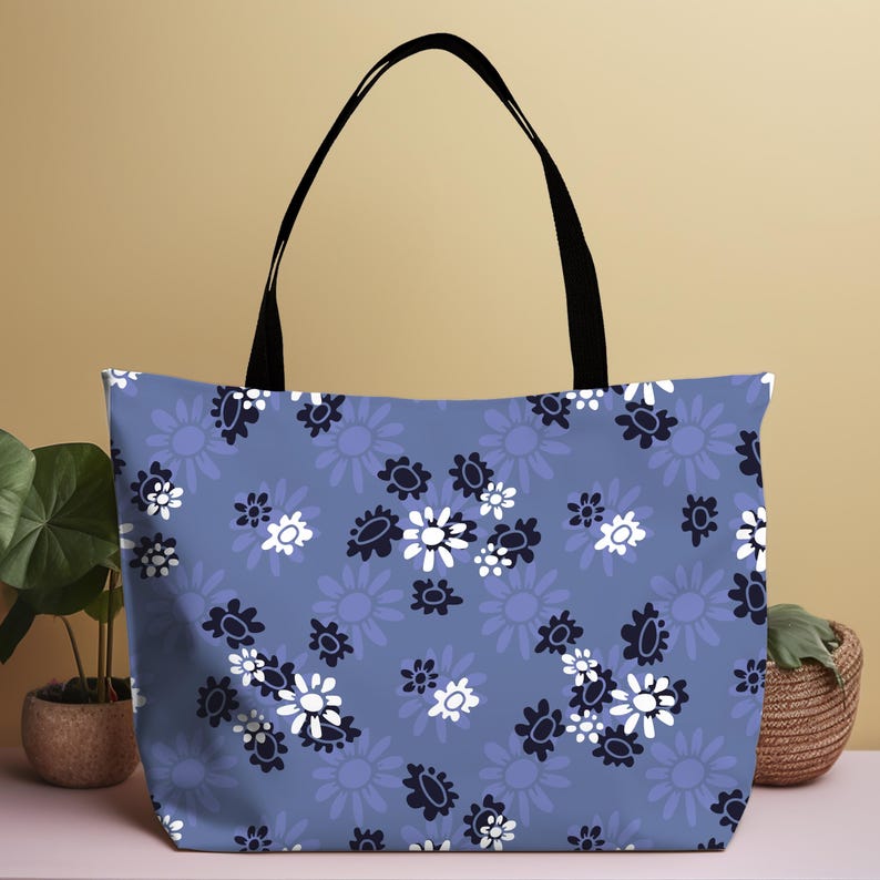 Blue Weekender Bag Travel Duffel Floral Pattern Daisy Design Navy Flower Periwinkle Color Vacation Luggage Overnight Carryall Cotton Handle Fabric Satchel Women Getaway Beach Tote Stylish Travel Accessory Fashion Forward Design Spacious