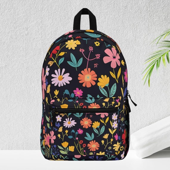 Black Floral Backpack Laptop Carrier Student Bag College  display picture 3