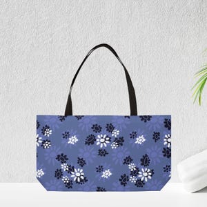 Blue Weekender Bag Travel Duffel Floral Pattern Daisy Design Navy Flower Periwinkle Color Vacation Luggage Overnight Carryall Cotton Handle Fabric Satchel Women Getaway Beach Tote Stylish Travel Accessory Fashion Forward Design Spacious