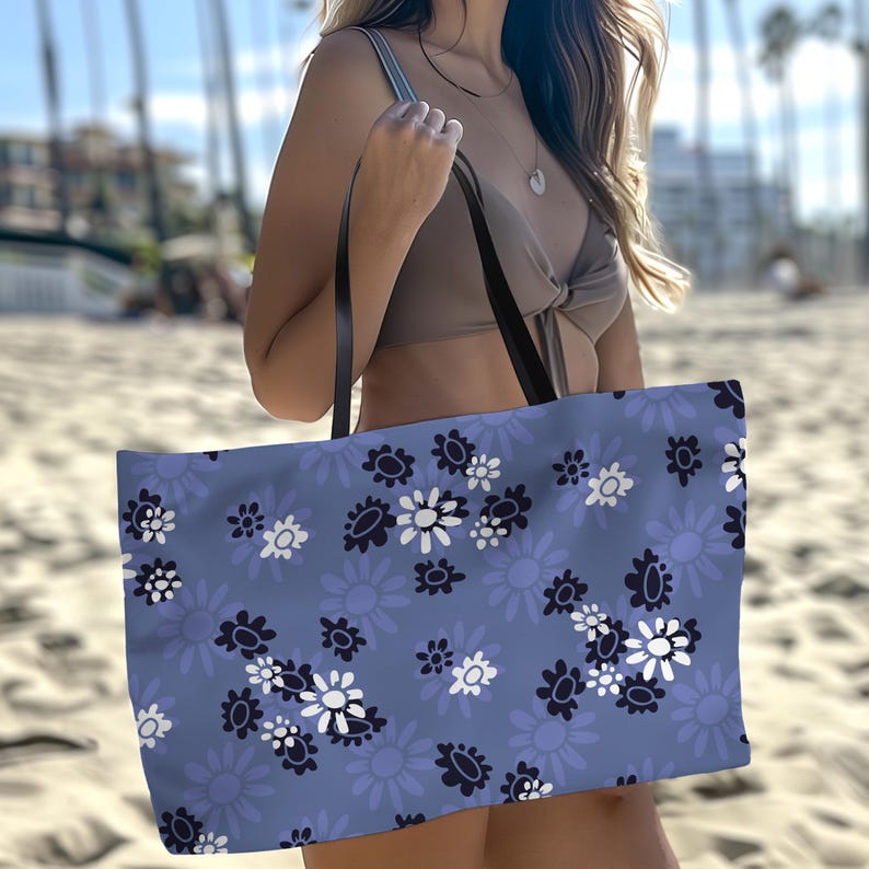 Blue Weekender Bag Travel Duffel Floral Pattern Daisy Design Navy Flower Periwinkle Color Vacation Luggage Overnight Carryall Cotton Handle Fabric Satchel Women Getaway Beach Tote Stylish Travel Accessory Fashion Forward Design Spacious