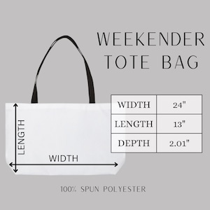 May include: White canvas tote bag with black handles. The bag measures 24 inches wide, 13 inches long, and 2.01 inches deep. The bag is made of 100% spun polyester.