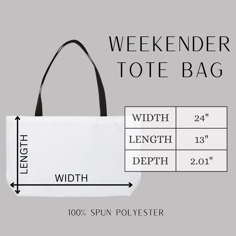 May include: White canvas tote bag with black handles. The bag measures 24 inches wide, 13 inches long, and 2.01 inches deep. The bag is made of 100% spun polyester.
