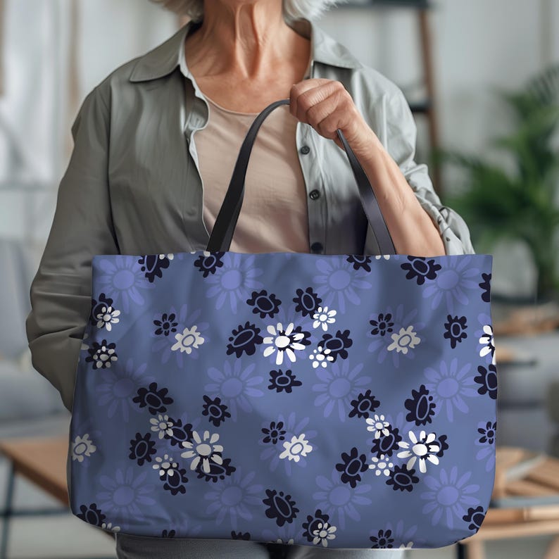 Blue Weekender Bag Travel Duffel Floral Pattern Daisy Design Navy Flower Periwinkle Color Vacation Luggage Overnight Carryall Cotton Handle Fabric Satchel Women Getaway Beach Tote Stylish Travel Accessory Fashion Forward Design Spacious