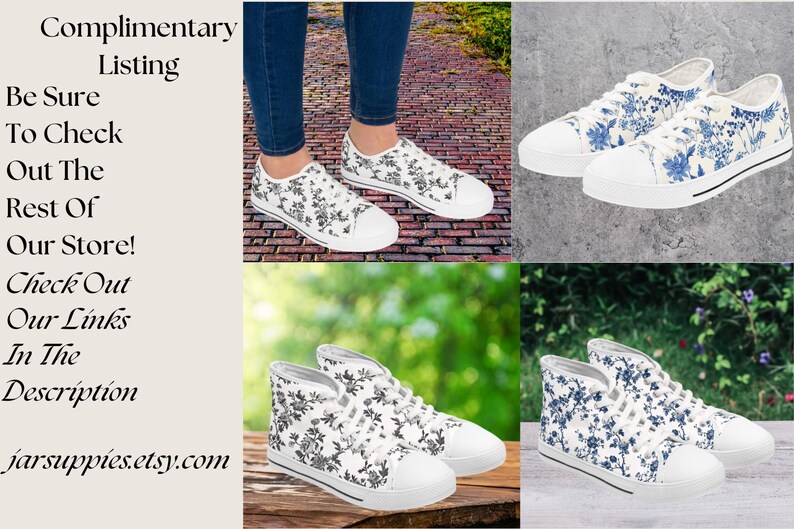 Puede incluir: Un par de zapatos de lona blancos con estampado floral. Los zapatos tienen dise&ntilde;os florales azules y negros. Los zapatos se muestran sobre una superficie de ladrillo y una superficie de hierba verde.