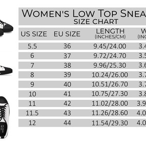 Puede incluir: Tabla de tallas para zapatillas bajas para mujer con tallas US y EU, longitud en pulgadas y cent&iacute;metros, y ancho en pulgadas y cent&iacute;metros.