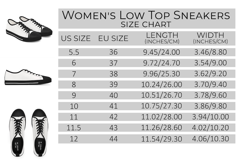 Puede incluir: Tabla de tallas para zapatillas bajas para mujer con tallas US y EU, longitud en pulgadas y cent&iacute;metros, y ancho en pulgadas y cent&iacute;metros.
