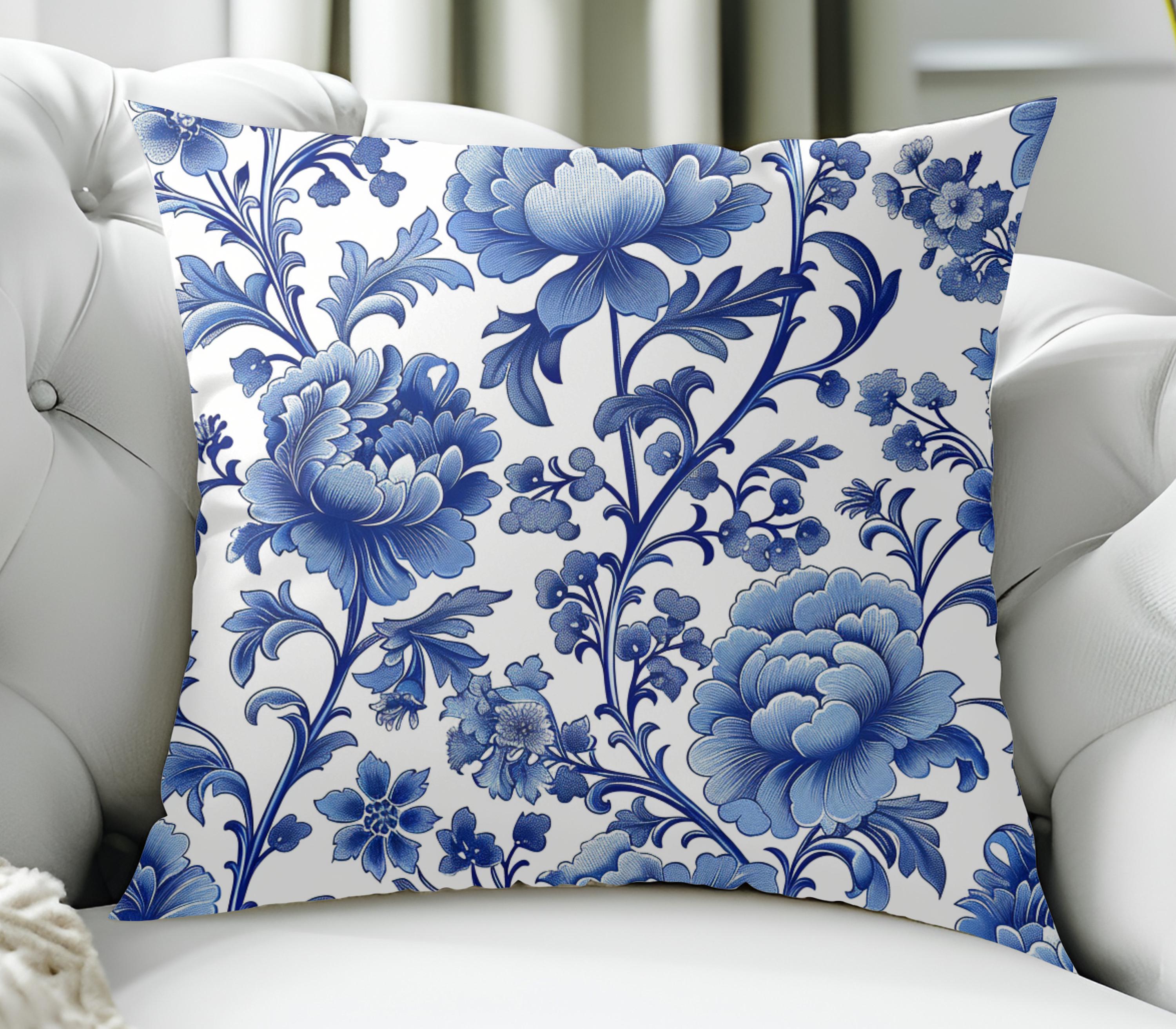 Blue Floral Pillow Toile Design Modern Style Coastal Theme Bedroom