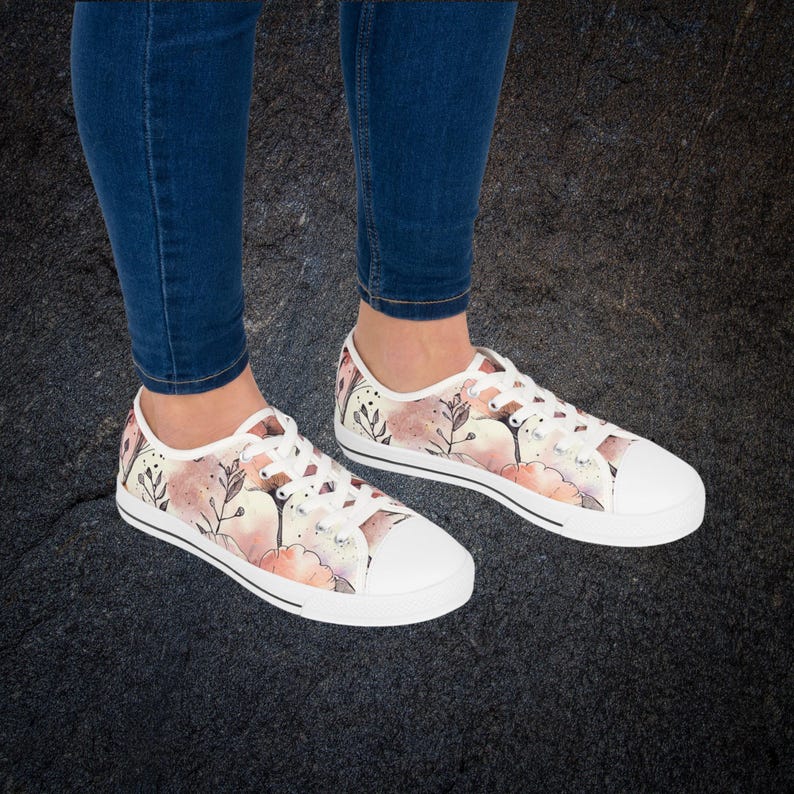 Bride Sneakers Watercolor Floral Canvas Design Comfort Walking Shoe Summer Style Fashion Forward Women Shoes Birthday Gift Beautiful Hand Painted Design Low Top Sneaker Machine Washable Everyday Wear Casual Footwear