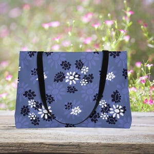 Blue Weekender Bag Travel Duffel Floral Pattern Daisy Design Navy Flower Periwinkle Color Vacation Luggage Overnight Carryall Cotton Handle Fabric Satchel Women Getaway Beach Tote Stylish Travel Accessory Fashion Forward Design Spacious