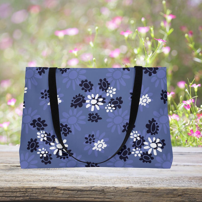 Blue Weekender Bag Travel Duffel Floral Pattern Daisy Design Navy Flower Periwinkle Color Vacation Luggage Overnight Carryall Cotton Handle Fabric Satchel Women Getaway Beach Tote Stylish Travel Accessory Fashion Forward Design Spacious