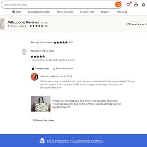 May include: Etsy shop review page for JARsupplies, with a 5-star rating and 42 reviews. Includes customer feedback and a product image of a blue and white toile tote bag. The shop is located in Fishers, Indiana.