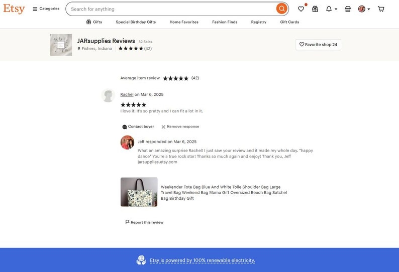May include: Etsy shop review page for JARsupplies, with a 5-star rating and 42 reviews. Includes customer feedback and a product image of a blue and white toile tote bag. The shop is located in Fishers, Indiana.