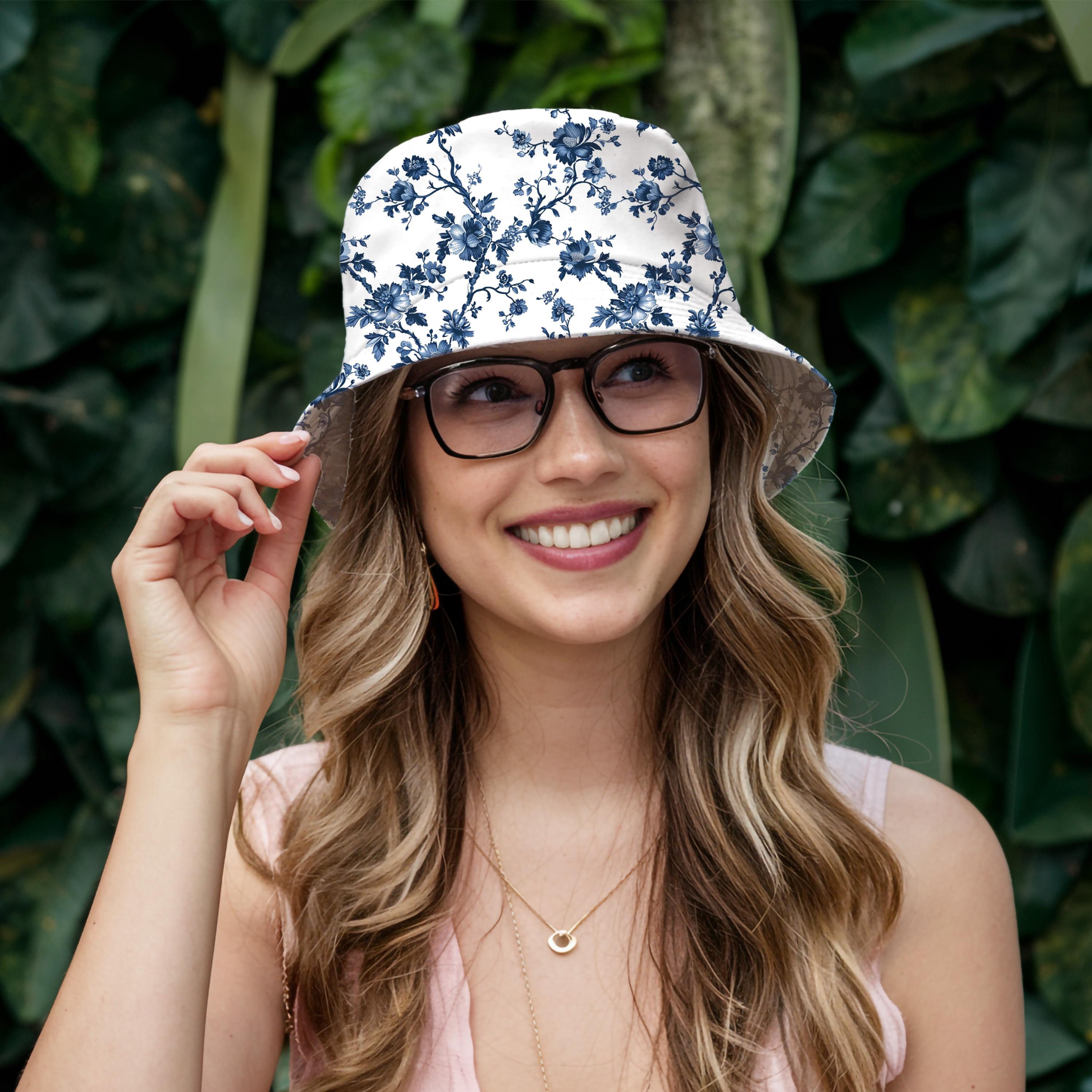 Blue And White Toile Bucket Hat Gift For Women Summer Boonie Hat Boho Toile Design Cute Bucket Hat Ladies Bucket Hat Mom Mothers Day Gift