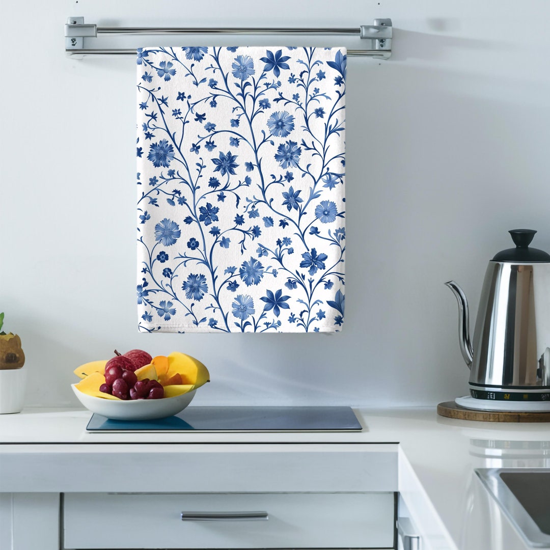 Blue Kitchen Rag Blue Kitchen Towel Floral Design Hand Towel Farmhouse Style Kitchen ...