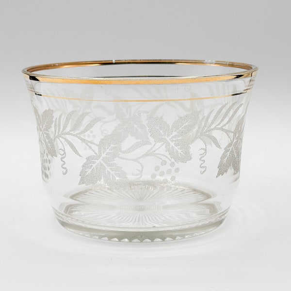 Vintage Crystal Ice Bucket With Gold Trim & White Etched Grapes and Detailed Bottom, Ornate Regal Barware Decor