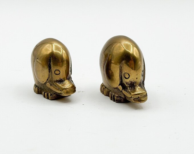 Vintage Set of 2 Brass Elephant Family Paperweights, Unique Cute Brass Figurines