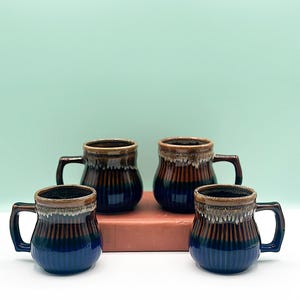 Vintage Set of 4 Blue Beige Brown Drip Glaze Coffee Mugs, Made in Japan, Drip Glaze Coffee Mugs, Handled Mugs, Handmade Mugs