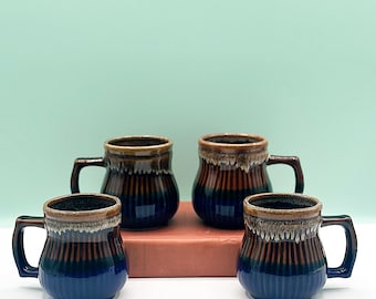 Vintage Set mit 4 Blau Beige Braun Tropfglasur Kaffeetassen, Hergestellt in Japan, Tropfglasur Kaffeetassen, Tassen mit Griff, Handgefertigte Tassen
