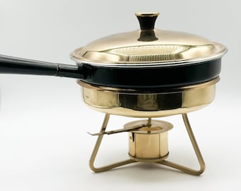 Vintage Mid-Century Gold and Black Chafing Dish with Stand - 3pc Set Skillet in Beautiful Condition