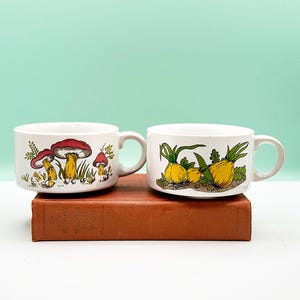 Vintage Kitschy Soup Bowl Mugs with Handles & Retro Design, Cute Kitchen Design Mushrooms Vegetable Soup, Soup Serving Bowls, Retro 1980s