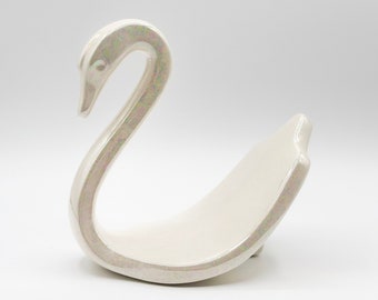 Vintage White Pearl Iridescent Ceramic Swan Towel Holder, Retro Bathroom Decor Art Deco Vibes