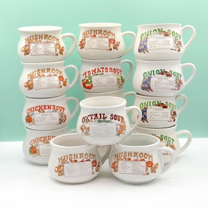 Vintage Assorted Soup Recipe Mug Cups Ceramic Stoneware, Mushroom Soup, Tomato Soup, Onion Soup