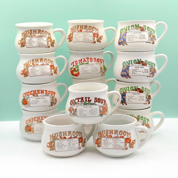 Vintage Ceramic Soup Recipe Mug: Assorted Stoneware Cups