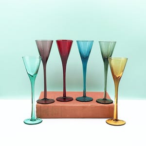 Vintage Cordial Glasses, 6 Shot Glasses, Colorful Cordial, Hand Blown Glassware, Vintage Stemware, Elegant Cordial Glass, Tall Shot Glasses
