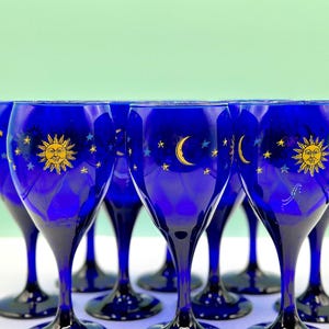 Vintage Libbey Celestial Wine Glasses - Cobalt Blue Moon & Star